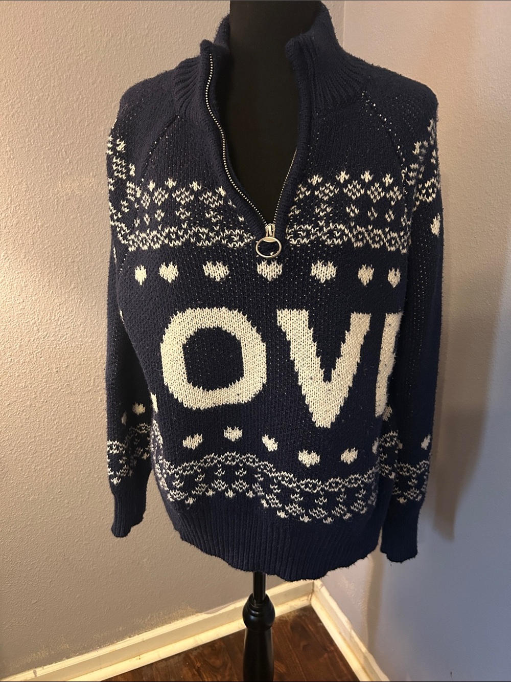 Aerie Women Navy White 'LOVE' Quarter-Zip Thick Knit Sweater Size Small
